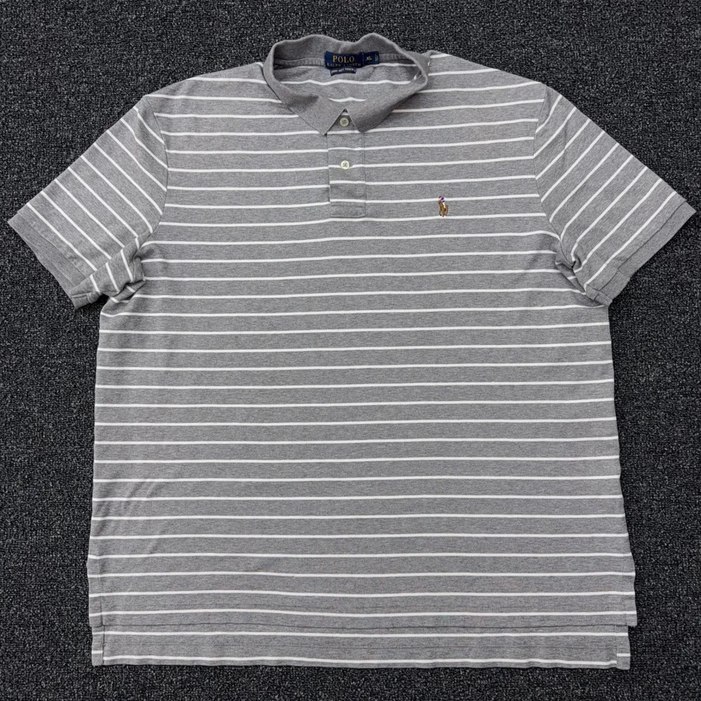 Polo Ralph Lauren Polo Shirt Mens XL Grey White Striped Pima‎ Soft Touch Golf